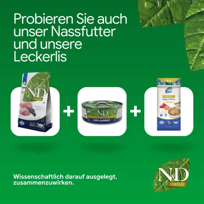 Probieren Sie auch unser Nassfutter und unsere Leckerlis. Wissenschaftlich darauf ausgelegt, zusammenzuwirken. Abgebildet: N&D Prime Trockenfutter, Nassfutter, Leckerli.