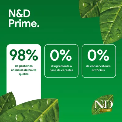 N&D Prime. 98 % de protéines animales, 0 % d’ingrédients céréaliers, 0 % de conservateurs artificiels.