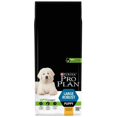 Saco de pienso Purina Pro Plan Large Robust Puppy OptiStart, texto visible: rich in chicken, rico en pollo. Imagen de un cachorro grande en el envase.