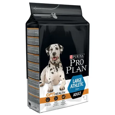 Vreča hrane za pse Purina Pro Plan Large Athletic Adult 25 kg+, OPTIHealth, vidna modra oznaka in slika psa. Na embalaži so tudi ikone in opis v angleščini.