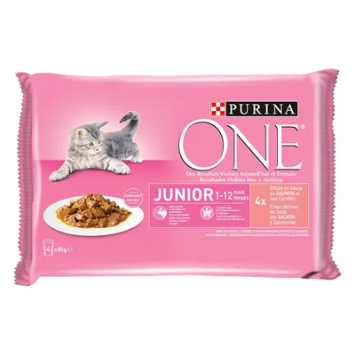 Purina ONE Junior 1–12 mois, effilés en sauce au saumon et aux carottes, lot de 4 x 85 g. Sans colorants, arômes ni conservateurs artificiels ajoutés. Image d’un chaton et d’une assiette.