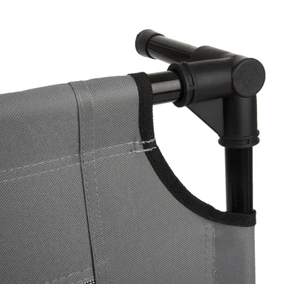 Close-up view of grey fabric material with black frame and plastic connector. Shows the workmanship and attachment of the material to the frame.