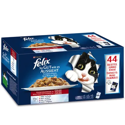 Felix kattenvoer selectie in gelei, 44 zakjes jumbo pack. Vleeskeuze: kip, rund, eend, lam. Tekst op verpakking deels in Duits en Frans.