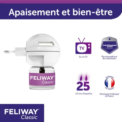Diffuseur Feliway Classic, texte visible : Apaisement et bien-être, Vu à la TV, Scientifiquement prouvé, Recommandé par des vétérinaires, 25 ans d’expertise, Fabriqué en France.