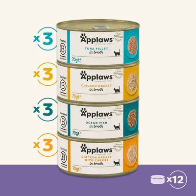 Applaws cat food 12-pack: 3x tuna fillet in broth, 3x chicken breast in broth, 3x ocean fish in broth, 3x chicken breast with cheese in broth, 70g each. Certified B Corporation.