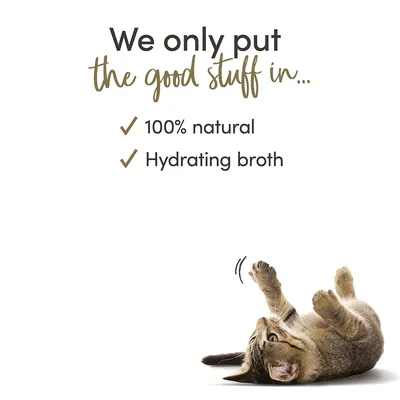 We only put the good stuff in... 100% natural, Hydrating broth (engelsk tekst synlig i billedet) med billede af kat liggende på ryggen.