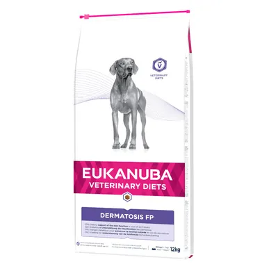 Sac de croquettes Eukanuba Veterinary Diets Dermatosis FP, 12 kg, avec image d’un chien et texte : soutien de la fonction cutanée en cas de dermatoses. Sac de croquettes Eukanuba Veterinary Diets Dermatosis FP, 12 kg, avec image d’un chien et texte : soutien de la fonction cutanée en cas de dermatoses.