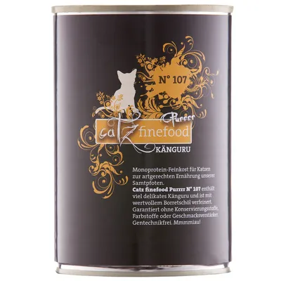 Lata de comida para gatos catz finefood Purrrr N° 107 Känguru. Texto en alemán sobre ingredientes y características visibles en el envase.