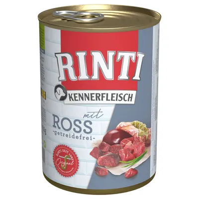 Rinti Kennerfleisch med hest, kornfri. Dåse med billede af kød og mærke: Rinti seit 1983 Original.