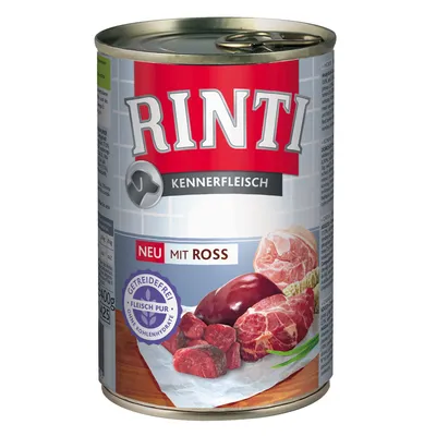 RINTI Kennerfleisch dåse med teksten 'NEU MIT ROSS', mærket 'GETREIDEFREI FLEISCH PUR OHNE KOHLENHYDRATE' og billede af kød på etiketten.