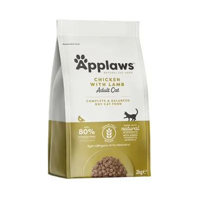 Applaws Chicken with Lamb Adult Cat, karma sucha dla dorosłych kotów, 2 kg. Min. 80% białka zwierzęcego, bez zbóż, naturalne składniki, hipoalergiczna z prebiotykiem.
