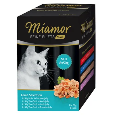 Miamor Feine Filets Mini, Feine Selection: 8x50g saszetki. Warianty: kurczak w galaretce pomidorowej, tuńczyk w galaretce z kraba, tuńczyk w galaretce z łososia, tuńczyk w galaretce pomidorowej. Nowość.