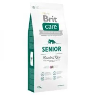 Brit Care Senior Lamb & Rice 12 kg feliratú kutyatáp csomagolás, zöld és fehér színben, látható márkanévvel és terméknévvel.