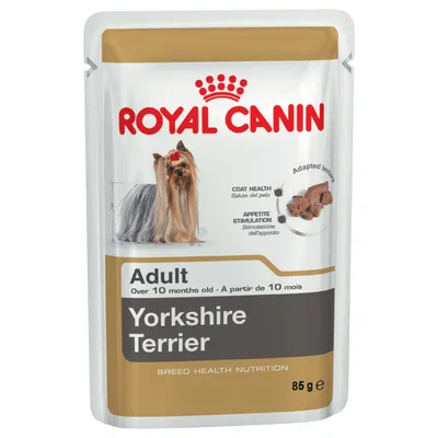 Adult Yorkshire Terrier food, over 10 months old. Features: coat health, appetite stimulation, adapted texture. 85g pouch.