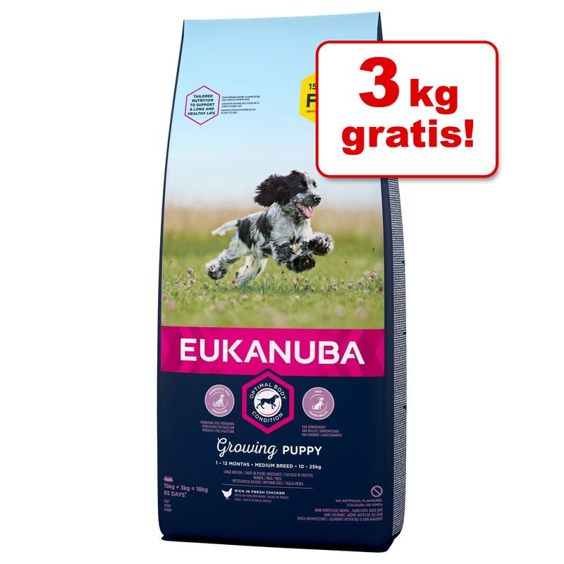 15 + 3 kg gratis! 18 kg Eukanuba Adult și Puppy Large / Medium Breed