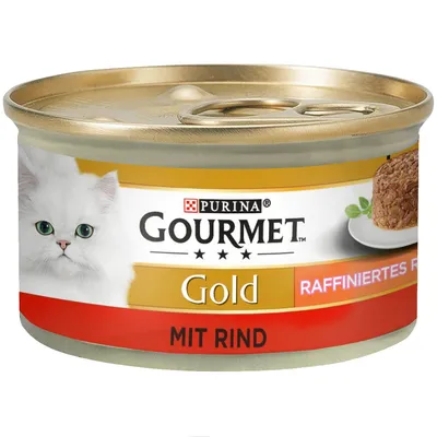 Purina Gourmet Gold krmivo pro kočky, jemný ragú s hovězím, ve zlaté konzervě.