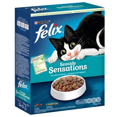 Cutie Felix Seaside Sensations cu somon și legume, 1 kg. Text vizibil: fără adaos de coloranți artificiali, 100% complet și echilibrat, imagine bol cu crochete pentru pisici.