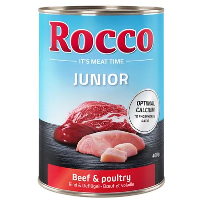 Rocco Junior nedves kutyaeledel, marha és baromfi íz, 400g konzerv. Optimális kalcium-foszfor arány. It's Meat Time.