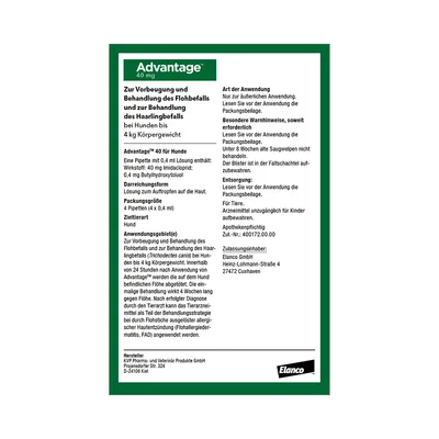 Advantage 40 mg für Hunde bis 4 kg Körpergewicht. Zur Vorbeugung und Behandlung von Floh- und Haarlingbefall. Packungsgröße: 4 Pipetten à 0,4 ml. Wirkstoff: Imidacloprid. Hersteller: Elanco GmbH.
