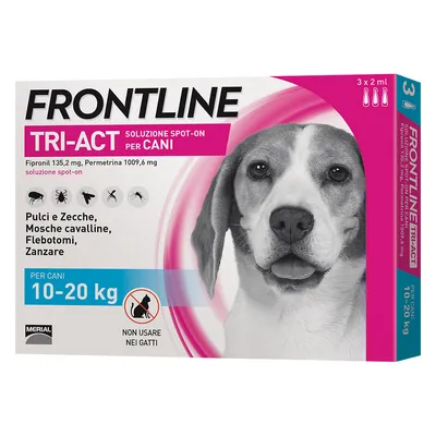 Frontline Tri-Act soluzione spot-on per cani 10–20 kg, 3 x 2 ml. Pulci e zecche, mosche cavalline, flebotomi, zanzare. Non usare nei gatti. Fipronil 135,2 mg, permetrina 1009,6 mg.