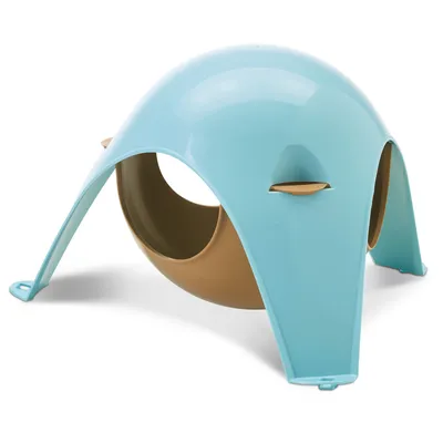 Plastic dome-shaped pet hideout in light blue and beige, with three arched entrances and a round central opening. No visible brand or text.
