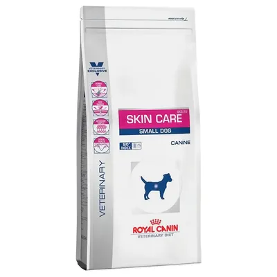 Royal Canin Veterinary Diet Skin Care Small Dog Canine. Verpackung mit Symbolen für Hautpflege, Antioxidantien und Zahnsteinprävention. Geeignet für kleine Hunde.