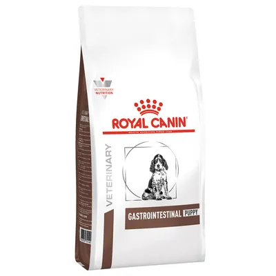 Royal Canin Veterinary Gastrointestinal Puppy -koiranruokapakkaus, etupuolella koiran kuva ja tekstiä: VETERINARY NUTRITION, GASTROINTESTINAL PUPPY.