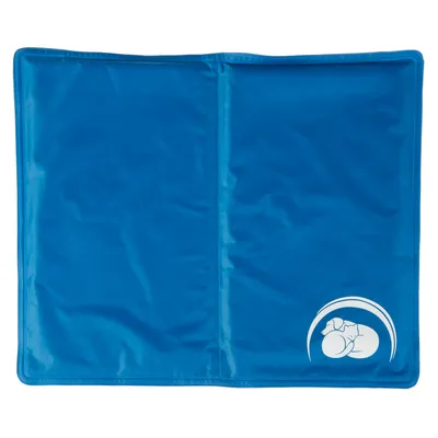 Tappetino refrigerante blu con simbolo di cane bianco nell'angolo, forma rettangolare.