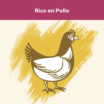Texto visible: Rico en Pollo, ilustración de una gallina sobre fondo amarillo. Indica contenido destacado de pollo en el producto.