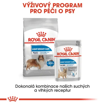 ROYAL CANIN LIGHT WEIGHT CARE MAXI a ALL SIZES, suché a vlhké krmivo pro psy. Výživový program pro péči o psy. -35 % fat. 85 g. Dokonalá kombinace našich suchých a vlhkých receptur.
