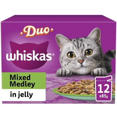 Whiskas Duo Mixed Medley in jelly, pack of 12 x 85g pouches shown on packaging with food served on a plate.