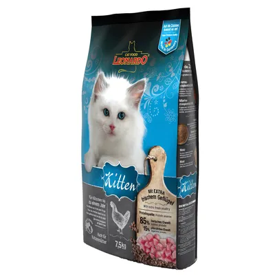 Leonardo Cat Food Kitten, 7,5kg, με έξτρα φρέσκο πουλερικό. Πηγή πρωτεΐνης: 85% ζωική, 15% φυτική. Για γατάκια έως ενός έτους. Κατάλληλο και για μητέρες γάτες.