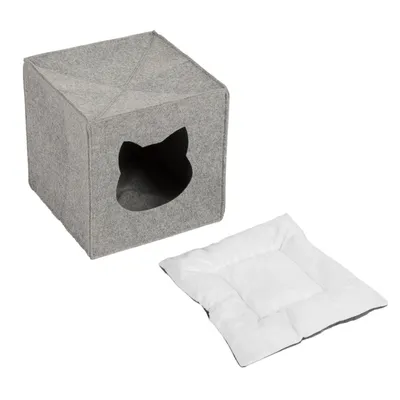 Grey felt cat cave with cat head cut-out and removable white cushion.