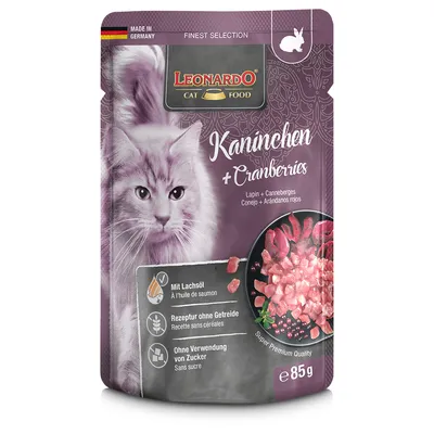 Leonardo Cat Food králičí + brusinky, vyrobeno v Německu, s lososovým olejem, receptura bez obilovin, bez cukru, 85g. Sugar Premium Quality.