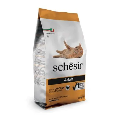 Zak Schesir Adult kattenvoer, 10 kg. Tekst: 'Rich in Chicken', 'Only 1 animal protein', afbeelding van een oranje kat en kip-icoon zichtbaar op de verpakking.
