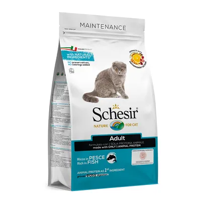 Schesir Nature for Cat Adult, bohaté na ryby, s přírodními ingrediencemi, bez konzervantů a barviv. Živočišné bílkoviny jako první složka, snadno stravitelné.