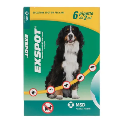 Confezione EXSPOT soluzione spot-on per cani, 6 pipette da 2 ml, permetrina 745 mg/ml. Immagine di cane e simboli insetti barrati. MSD Animal Health.