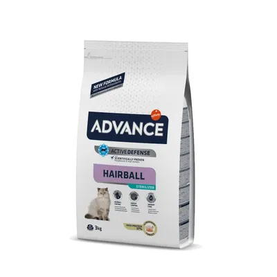 Sac Advance Hairball Sterilized pour chat, 3 kg, mentions visibles : Active Defense, High Protein 37 %, image de chat, marque Affinity, nouvelle formule, informations nutritionnelles en anglais.