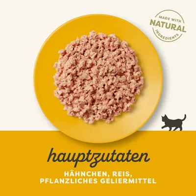 Hauptzutaten: Hähnchen, Reis, pflanzliches Geliermittel. Made with natural ingredients. Gelbes Teller mit Katzenfutter und Silhouette einer Katze.