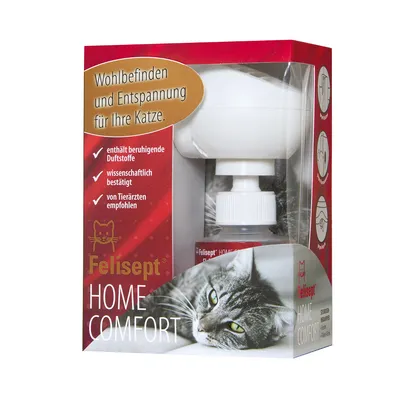 Felisept Home Comfort difusor para gatos. Texto visible en alemán: Wohlbefinden und Entspannung für Ihre Katze, enthält beruhigende Duftstoffe, wissenschaftlich bestätigt, von Tierärzten empfohlen.