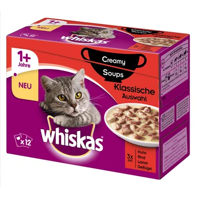 Whiskas Creamy Soups Klassische Auswahl, 12 plicuri, pentru pisici 1+ Jahre. 3x Huhn, Rind, Lamm, Geflügel. Text în germană pe ambalaj, imagine cu pisică și bol cu supă.