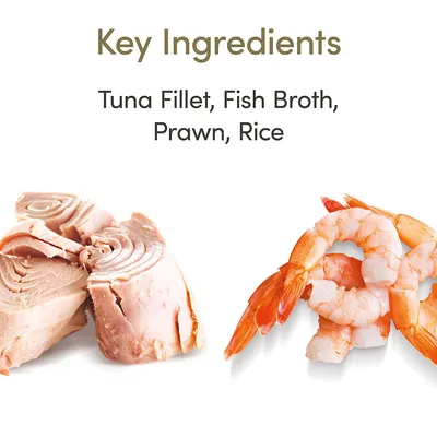 Klíčové ingredience: Tuna Fillet, Fish Broth, Prawn, Rice. Zobrazeny kousky tuňáka a krevety.