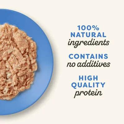 100% natural ingredients, contains no additives, high quality protein – tekst w języku angielskim widoczny obok karmy na niebieskim talerzu.