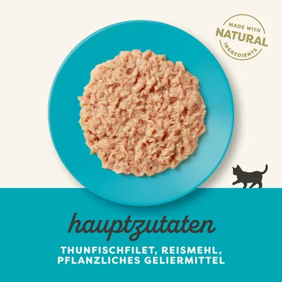 Hauptzutaten: Thunfischfilet, Reismehl, pflanzliches Geliermittel. Made with natural ingredients.