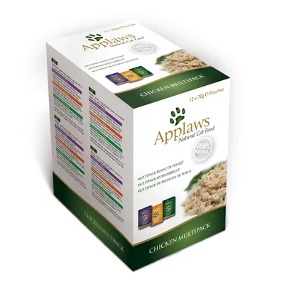 Applaws Natural Cat Food, Chicken Multipack, 12 x 70 g poser. Tekst: 100% natural. Billede af tre forskellige portionsposer og kyllingestykker på emballagen.