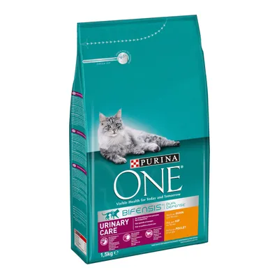 Purina ONE Bifensis Urinary Care száraztáp macskáknak, csirkehússal, 1,5 kg-os csomagolás, látható márkanév és termékinformációk a zacskón.