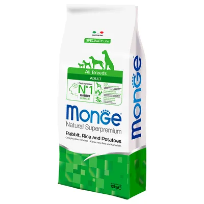 Monge Natural Superpremium, conejo, arroz y patatas, adulto todas las razas, hecho en Italia, ingrediente principal conejo, 12 kg.