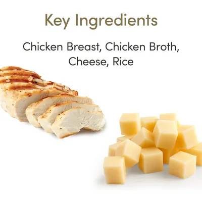 Nøgleingredienser: Chicken Breast, Chicken Broth, Cheese, Rice. Billede af skiver kyllingebryst og ostetern. Tekst på engelsk.