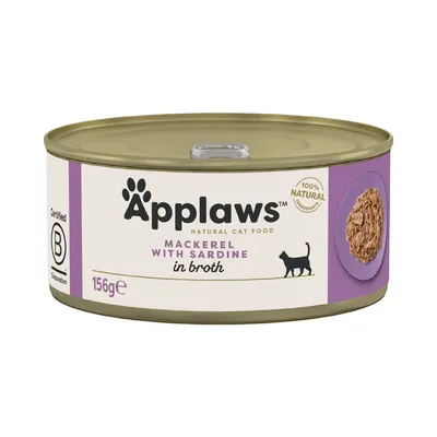 Applaws Natural Cat Food, makrilli ja sardiini liemessä, 156 g tölkki, 100 % luonnolliset ainesosat, Certified B Corporation.