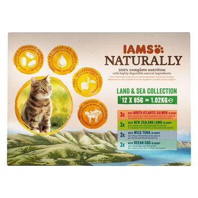 IAMS Naturally Land & Sea Collection kattemad, 12 x 85 g. Indeholder: North Atlantic Salmon, New Zealand Lamb, Wild Tuna, Ocean Cod. Synlig tekst: vitamin E, omega 3 & 6, fibre, protein.
